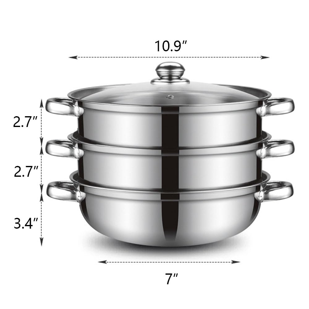 Steamer Pot for Cooking 11 inch Steamer Pot, 3-tier Multipurpose 18/8 Stainless Steel Steam Pot Cookware with Lid for Vegetable, Dumpling, Stock, Sauce, Food