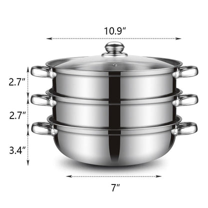 Steamer Pot for Cooking 11 inch Steamer Pot, 3-tier Multipurpose 18/8 Stainless Steel Steam Pot Cookware with Lid for Vegetable, Dumpling, Stock, Sauce, Food