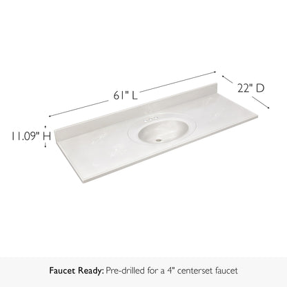 Design House Cultured Marble Vanity Top, 61 in W x 22 in D, Integrated 4 in Centerset Oval Sink & Backsplash, Ivory Swirl, 597419