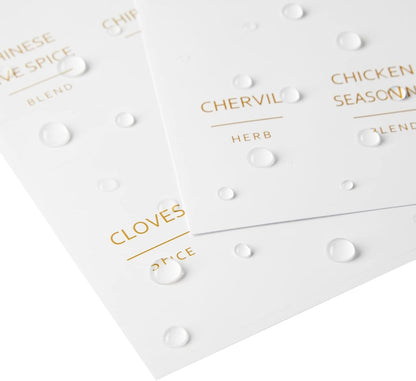 Talented Kitchen 140 Pack of Minimalist Spice Jar Labels, Preprinted Water Resistant Stickers (Gold Text)