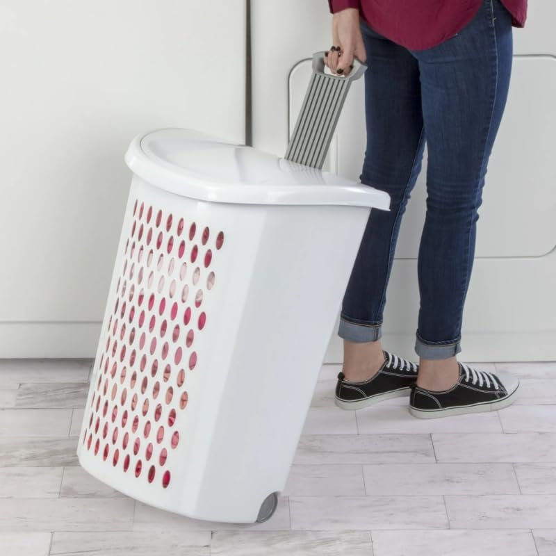 TnLoji Wheeled Plastic Laundry Hamper,Adult-Sized White Rolling Basket,Spacious Storage with Handles for Home & Dorms
