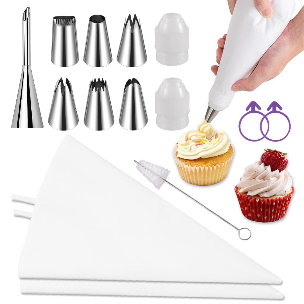 Large Reusable Piping Bags and Tips Set,16 Inch Cotton Pastry Bag with Tips for Cake Decorating,Cupcakes,puff Frosting filling,cookies,eclairs