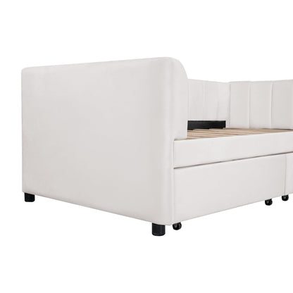 KTATK Twin Size Velvet Daybed with Two Drawers and Stripe Shaped Headboard Design,Upholstered Wooden Storage Bed Frame,w/Ergonomic Backrest,for Bedroom,Living Room,Beige