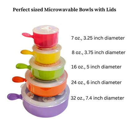 Evelots Microwave Freezer Safe Bowls - 10 Piece Set - With Vented Lids and Handles - Soup Bowls, Ramen, Cookware, Food Container Microwave Safe - BPA Free Plastic