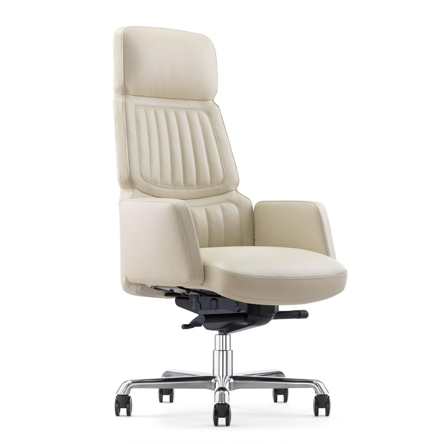 FURIJING Genuine Leather Office Desk Chair with High Back Aluminum Swivel Base Ergonomic Synchro-Tilt Reclining Mechanism Real Leather Executive Chair-Light Beige