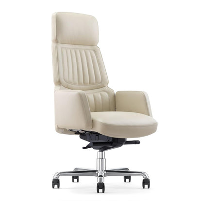 FURIJING Genuine Leather Office Desk Chair with High Back Aluminum Swivel Base Ergonomic Synchro-Tilt Reclining Mechanism Real Leather Executive Chair-Light Beige
