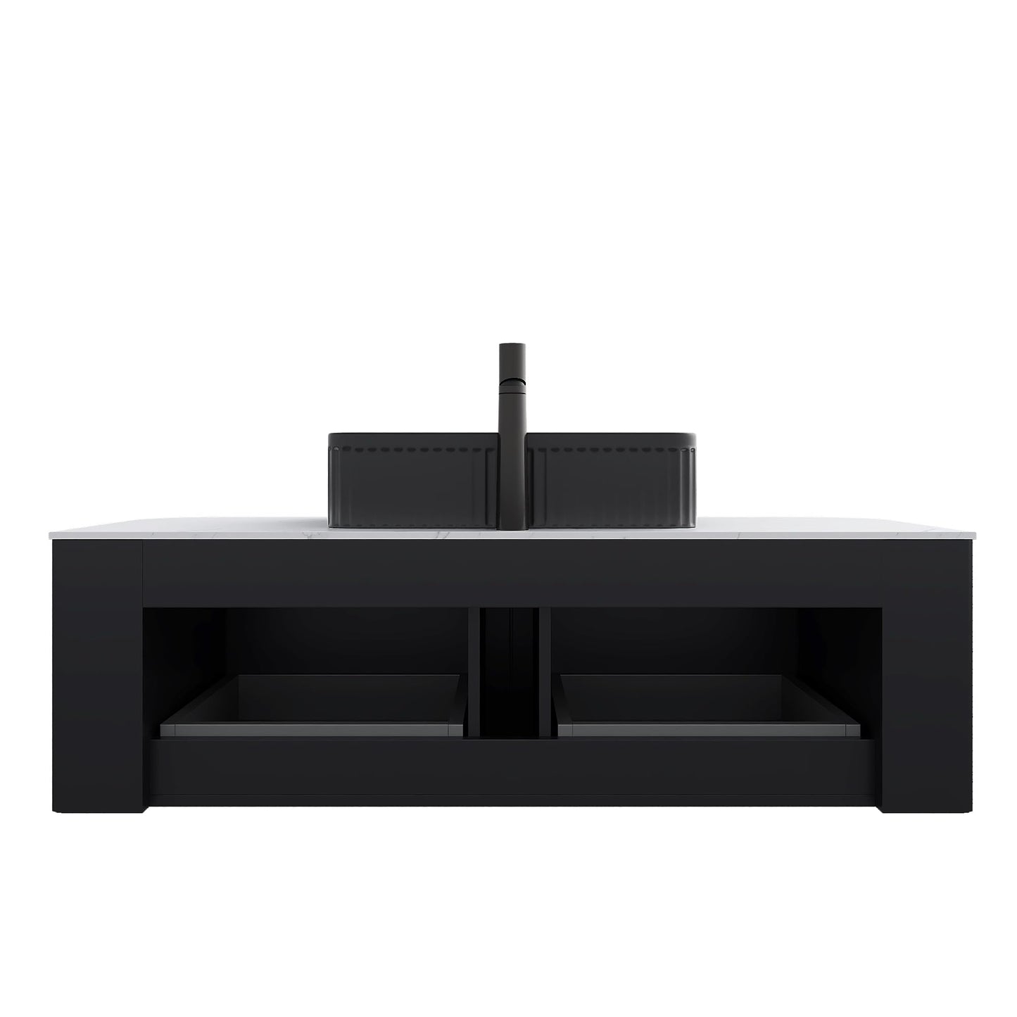 GDFStudio 48" Floating Bathroom Vanity with Sink, DINA Wall Mounted Curved Cabinet, Carrara White Sintered Stone Top, Double Drawer Storage, 3D Striped Finish, Modern Black Rectangular Ceramic Basin