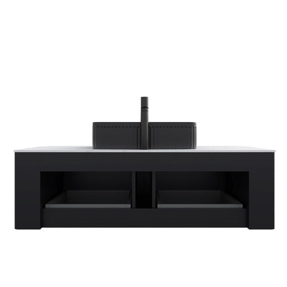 GDFStudio 48" Floating Bathroom Vanity with Sink, DINA Wall Mounted Curved Cabinet, Carrara White Sintered Stone Top, Double Drawer Storage, 3D Striped Finish, Modern Black Rectangular Ceramic Basin