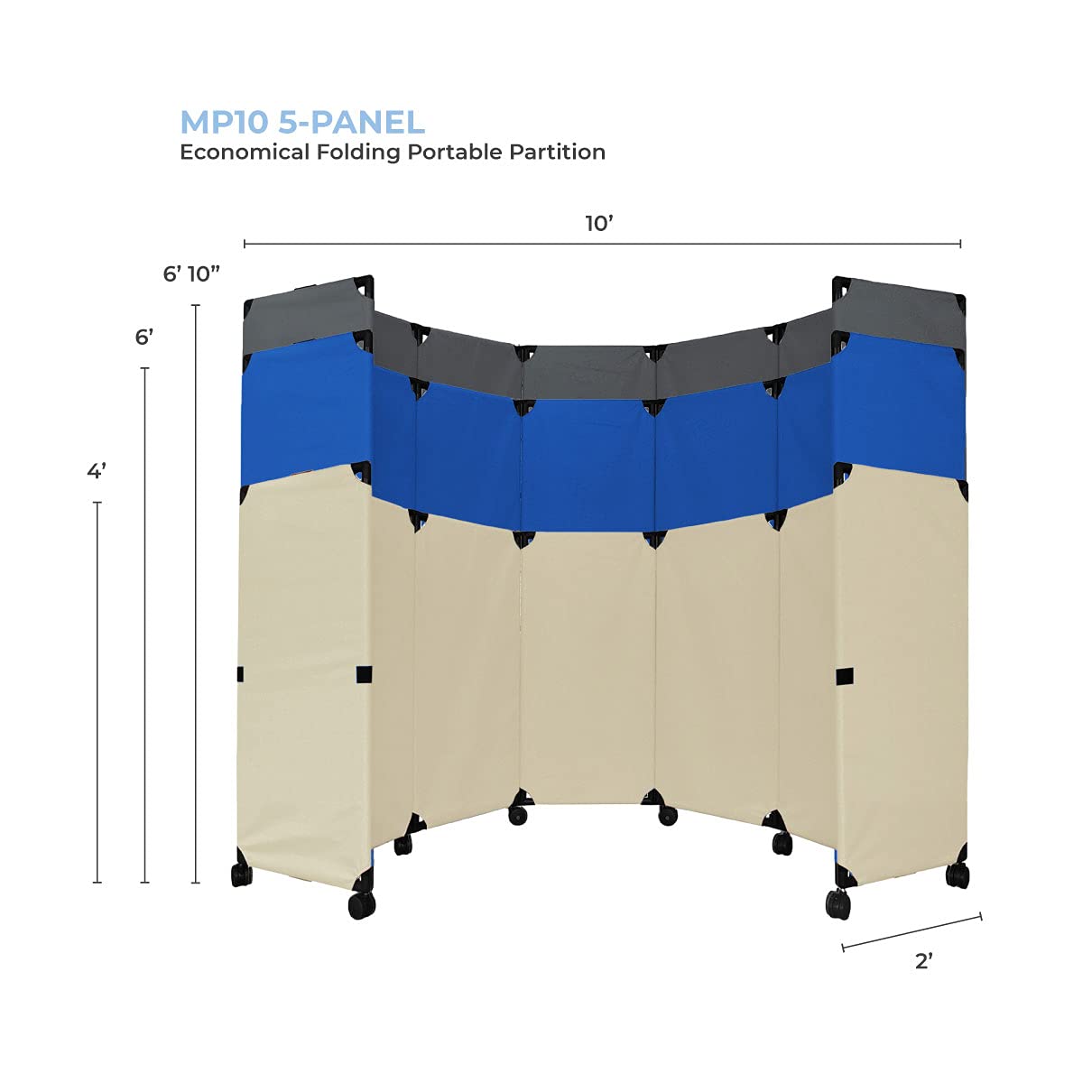 Versare MP10S Portable Folding Wall Partition | Economical 5 Panel Design | Portable Room Divider On Wheels | Adjustable, Freestanding Setup | Multiple Widths