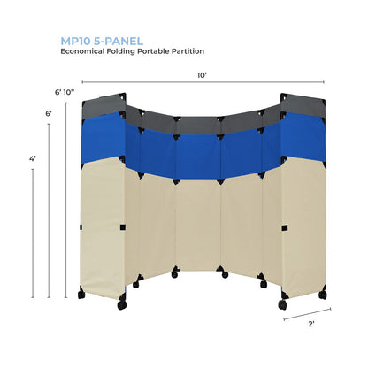 Versare MP10S Portable Folding Wall Partition | Economical 5 Panel Design | Portable Room Divider On Wheels | Adjustable, Freestanding Setup | Multiple Widths