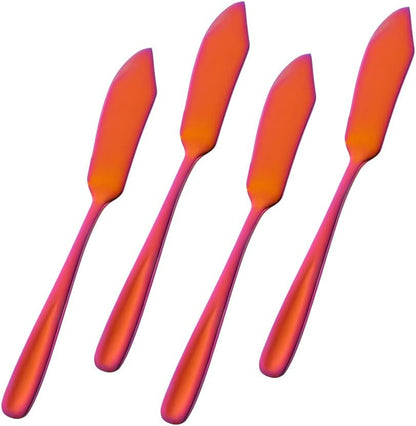 Stainless Steel 18/10 Cheese Desert Knives - Set of 4, Gold Breakfast Butter Knife, Slicer Sandwich Spreader (Magic Red)