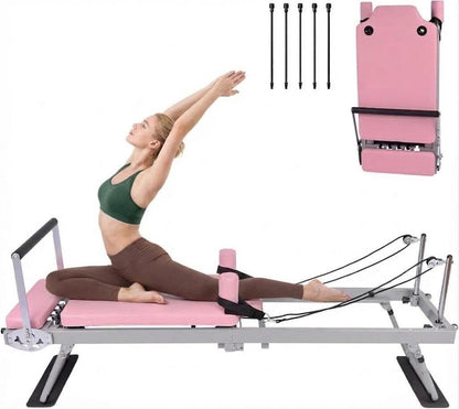 Pink Pilates Reformer | Foldable Pilates Reformer Machine for Home w/Resistance | Pilates Bed for All Levels