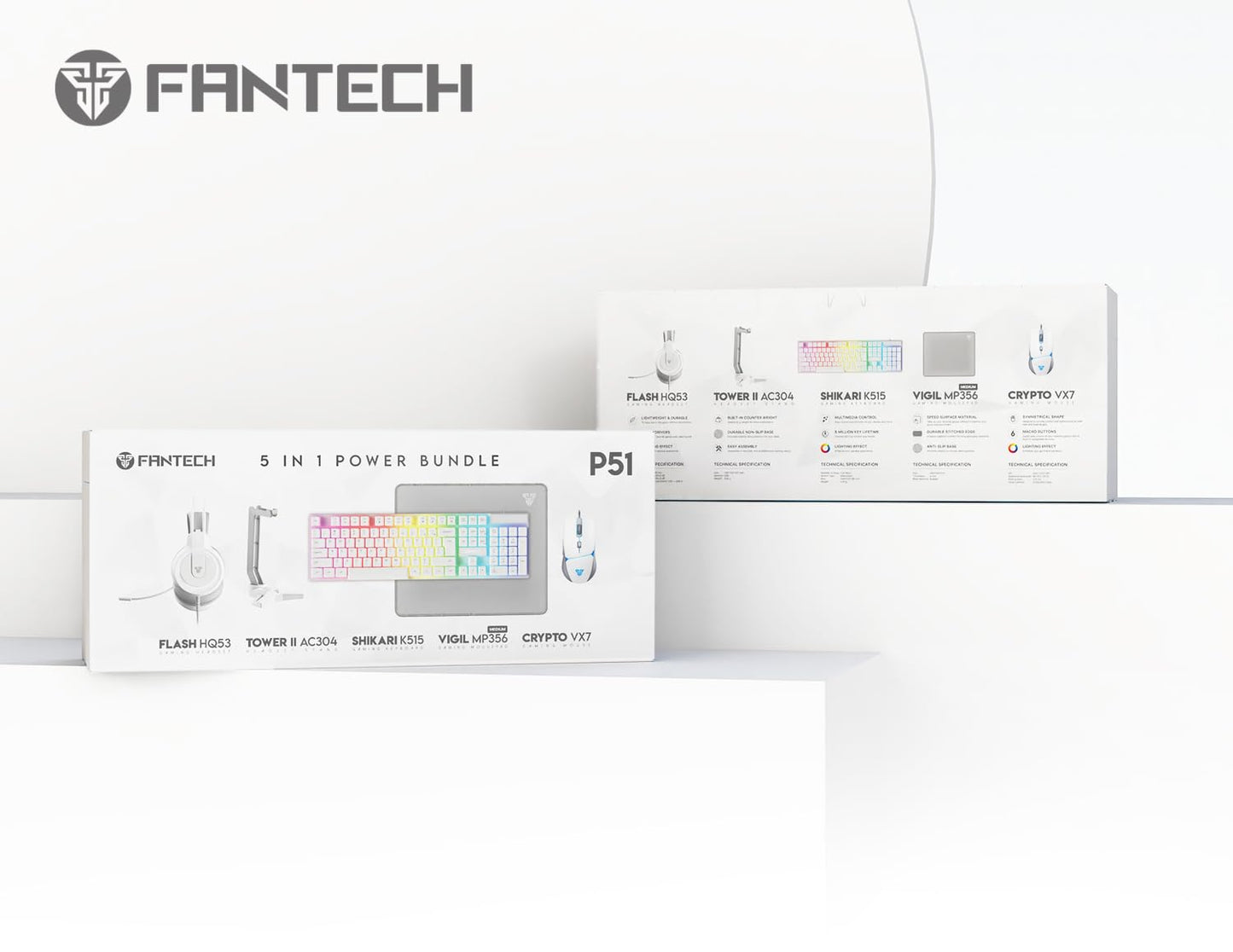 FANTECH 5 in-1 Gaming Keyboard and Mouse Combo, Rainbow LED Backlit Wired Keyboard, Headset and Headphone Stand Gaming Mouse Pad,Wired Mice, for,PC,Laptop,Xbox White