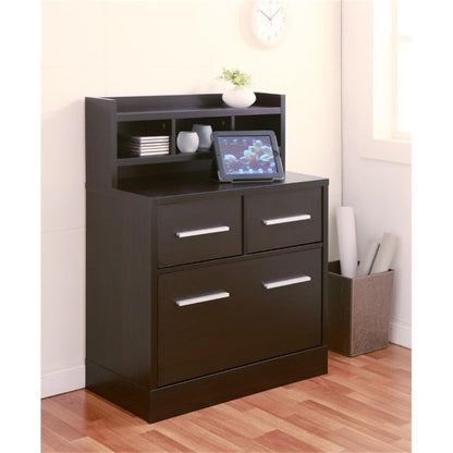 BOWERY HILL File Cabinet, 3-Drawer Storage and Hutch, MDF and Veneer, Cappuccino Finish, 32" W x 16" D x 40" H, Contemporary Style, Sturdy Office Filing and Storage Solution