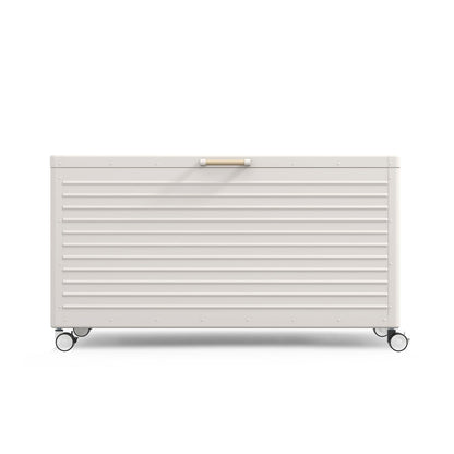 MIRADOR 175 Gallon Outdoor Storage Box with Wheels & Soft-Close Lid, Waterproof Metal Deck Box for Patio Cushions, Garden Tools & Pool Accessories, Latte