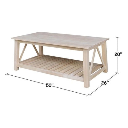 IC INTERNATIONAL CONCEPTS Surrey Solid Wood Coffee Table with Shelf - Unfinished