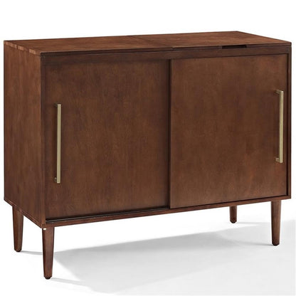 BOWERY HILL Mid-Century Media Console Table, 44 in x 18 in x 34.25 in, MDF/Birch Veneer, Mahogany Finish, Gold Metal Hardware, Hinged Top, Vinyl Record Storage, Sliding Doors, Living Room Turntable
