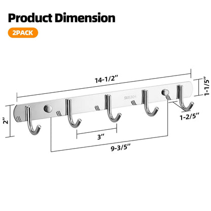 TooCust Wall Hooks for Hanging, Silver Coat Rack Wall Mount with 5 Coat Hooks 14.5", 304 Stainless Steel,Towel Hanger, Hat Hooks, Robes Hook in Bathroom, Bedroom, Kitchen, Living Room (2 Pack)