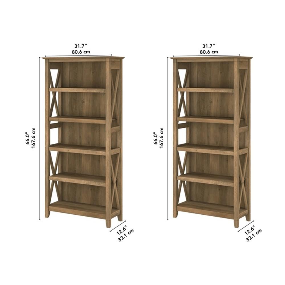 Bush Home Key West 5 Shelf Bookcase - Set of 2 | Tall Bookshelves in Reclaimed Pine | Sturdy Display Shelves for Library, Living Room, and Home Office