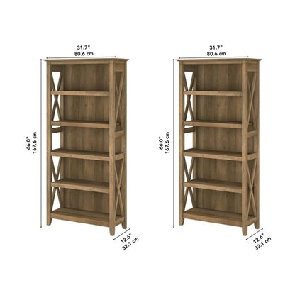 Bush Home Key West 5 Shelf Bookcase - Set of 2 | Tall Bookshelves in Reclaimed Pine | Sturdy Display Shelves for Library, Living Room, and Home Office