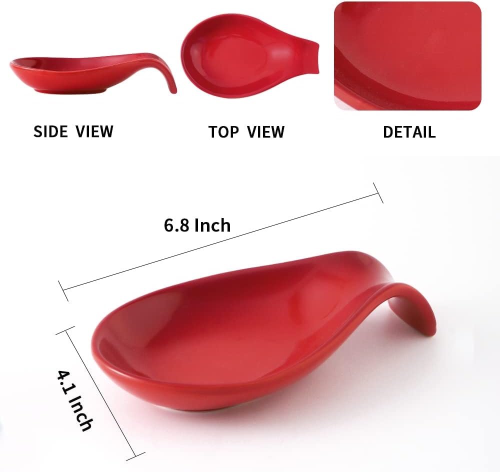 Nihow Ceramic Spoon Rest 4 Inch, Heat Resistant Utensil Holder for Kitchen Counter, Dishwasher Safe (Red)