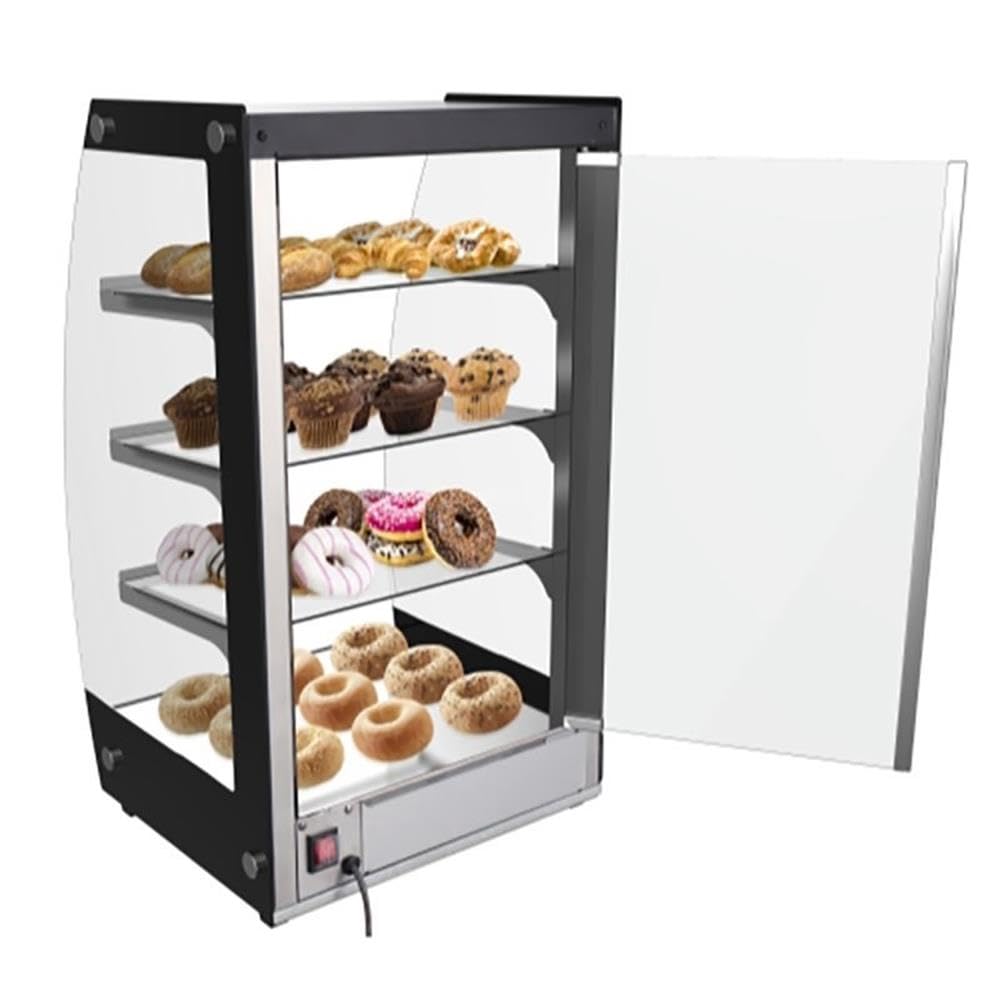 Pemberly Row 4-Tier LED Bakery Display Case, Glass/Stainless Steel, Black Finish, 28.2 in H x 15.1 in W x 15.8 in D, Adjustable Shelves, Self-Service Pastry Case for Cupcakes, Cookies, Cakes