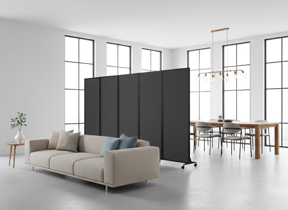 Versare Easy Wall Folding Room Divider | Freestanding Office Partitions | Classroom Dividers | Locking Wheels | Portable Room Separator | 14' Wide x 6' Tall Charcoal Gray Fabric Panels