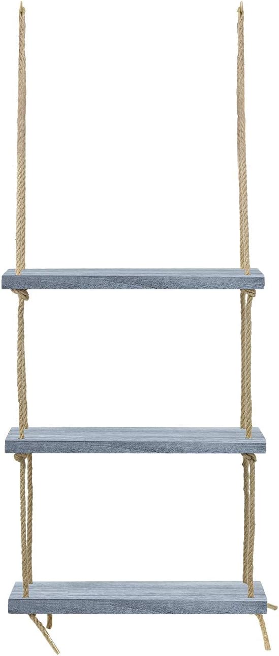 Sorbus 3-Tier Rustic Wood Hanging Shelf, Wood Swing Storage Shelves Rope Organizer Rack, Floating Display Shelves (Grey)