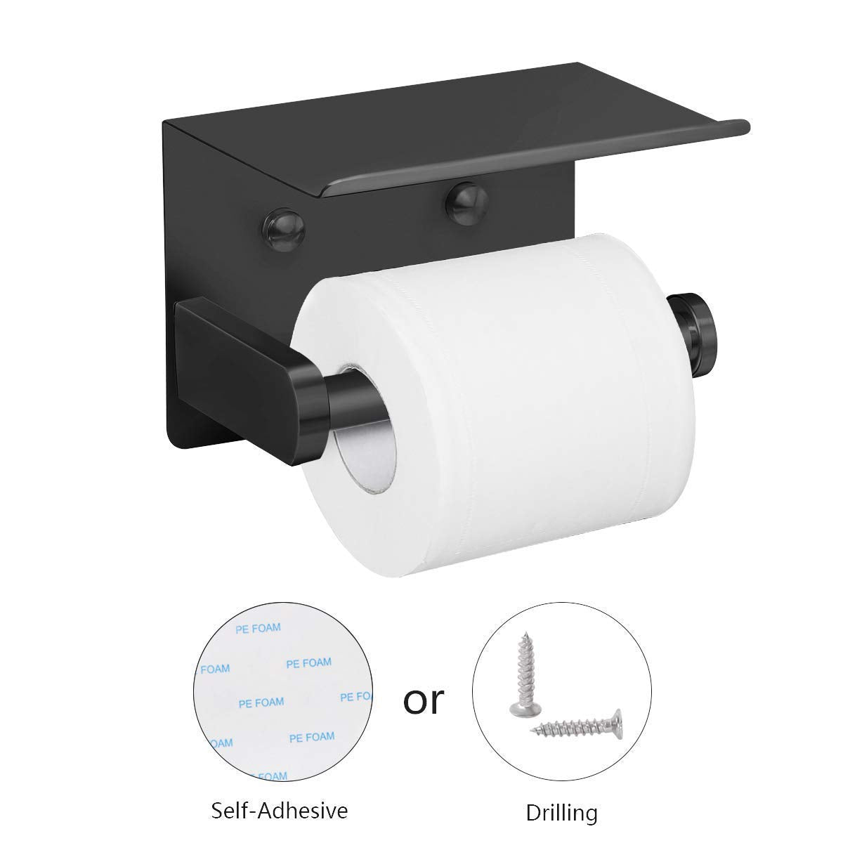 VAEHOLD Self Adhesive Toilet Paper Holder with Phone Shelf Stainless Steel Wall Mounted Toilet Paper Roll Holder - Rustproof and Bathroom Washroom Tissue Roll Holder with Shelf - Black