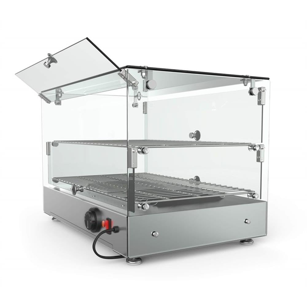 Pemberly Row Glass Countertop Display Warmer, 17 Cu. Ft., 22 in, Stainless Steel Frame, Silver Finish, Tempered Glass Panels, Self-Serve Double Doors, Adjustable Temperature Control 85-185°F for