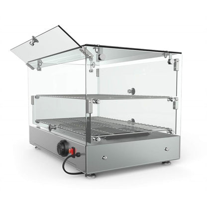 Pemberly Row Glass Countertop Display Warmer, 17 Cu. Ft., 22 in, Stainless Steel Frame, Silver Finish, Tempered Glass Panels, Self-Serve Double Doors, Adjustable Temperature Control 85-185°F for