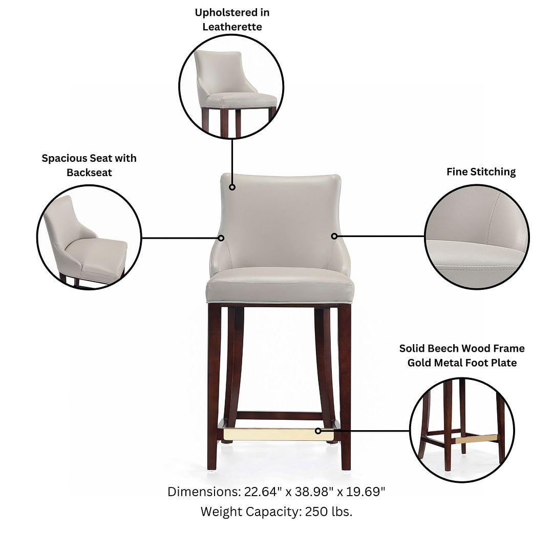 Manhattan Comfort Shubert Modern 26 Inch Bar Stools - Elegant Faux Leather Upholstery, Foam Padded Seat, Solid Beech Wood Base with Gold Metal Footrest, Fully Assembled Barstools, Set of 2, Light Grey