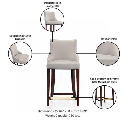 Manhattan Comfort Shubert Modern 26 Inch Bar Stools - Elegant Faux Leather Upholstery, Foam Padded Seat, Solid Beech Wood Base with Gold Metal Footrest, Fully Assembled Barstools, Set of 2, Light Grey