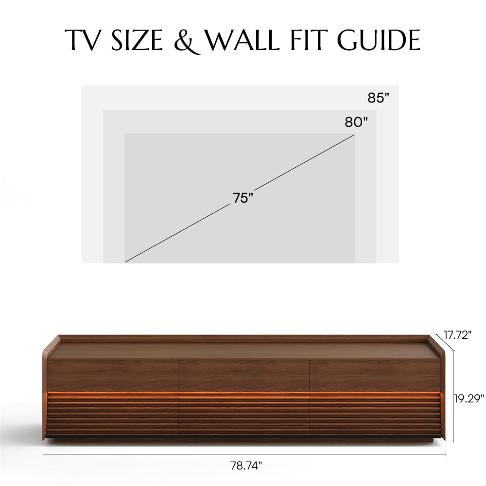 POVISON Fully-Assembled Mid Century Modern TV Stand, 78.74" Wood Media Console with Adjustable LED Light, Entertainment Center with Storage for Living Room