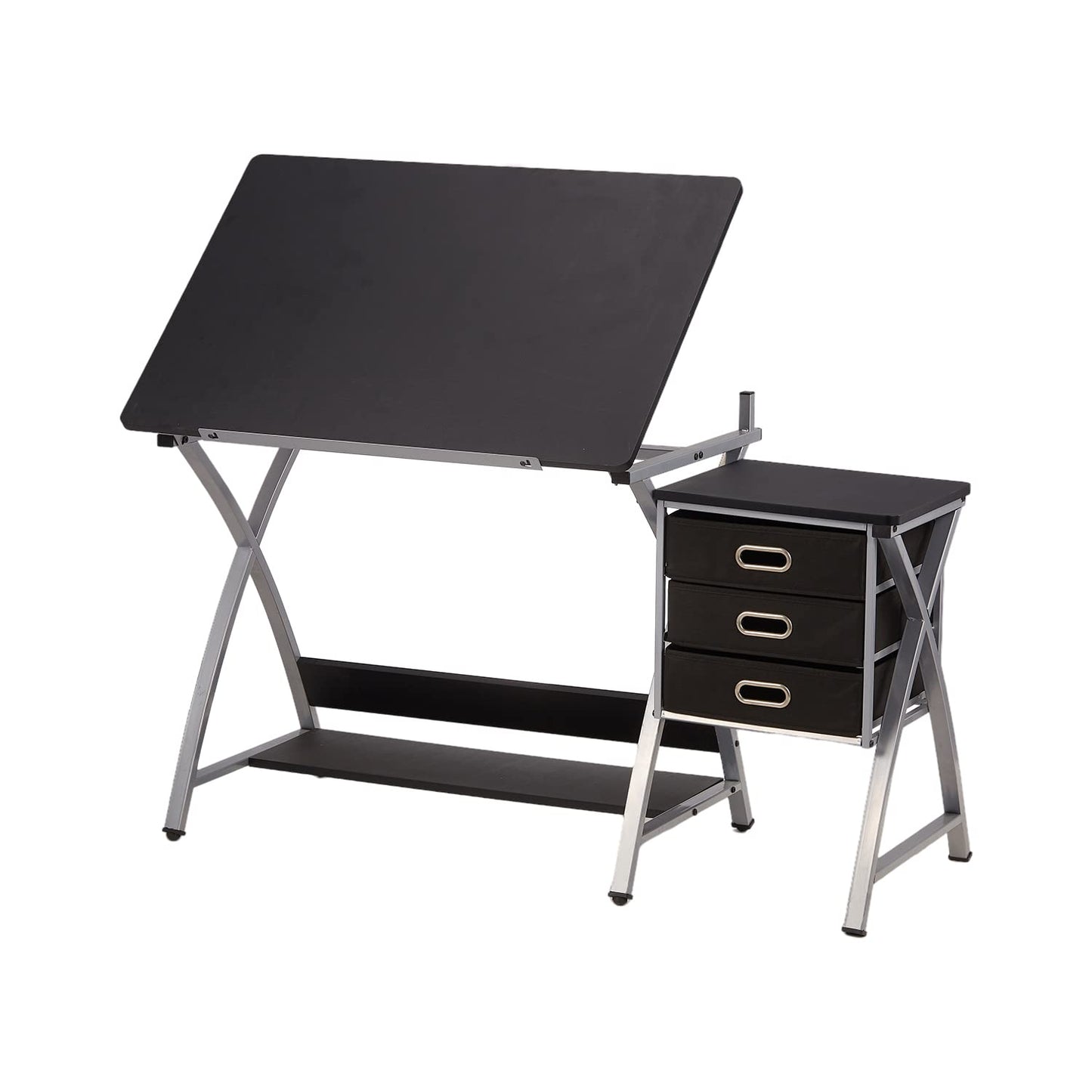 Adjustable Drafting Table for Artists with Stool, Sturdy X-Cross Metal Frame Drawing Table with Storage Drawers, Art Desk with Tilted Tabletop, Craft Station Writing Computer Desk, Black