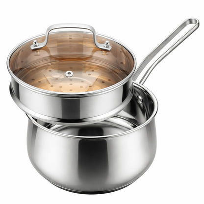 Boryenty 2.5QT Stainless Steel Saucepan with Steamer Basket and Glass Lid, 18/8 Food Grade Small Soup Pot with Steamer Insert, Induction Compatible, Heavy Duty Multi-Purpose Pot for Cooking & Steaming