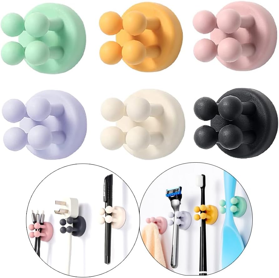 Silicone Toothbrush Holders - 6 Pcs Razor Hooks Adhesive Wall Mounted for Hanging Towel Key Plug Cable