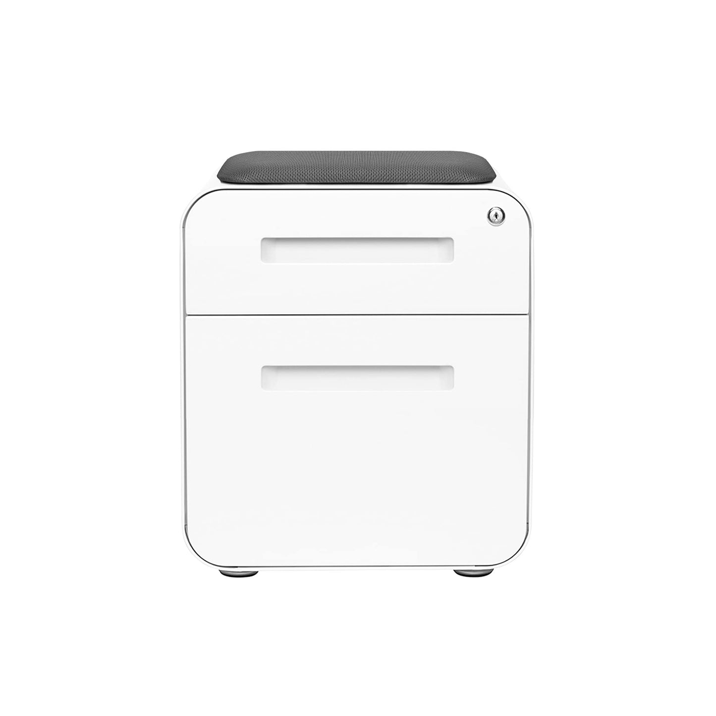 Laura Davidson Furniture STOCKPILE Mini Seated 2 Drawer Mobile File Cabinet with Removable Magnetic Cushion Seat - Short Version, Metal Filing Cabinet, Pre-Assembled, White with Grey Cushion