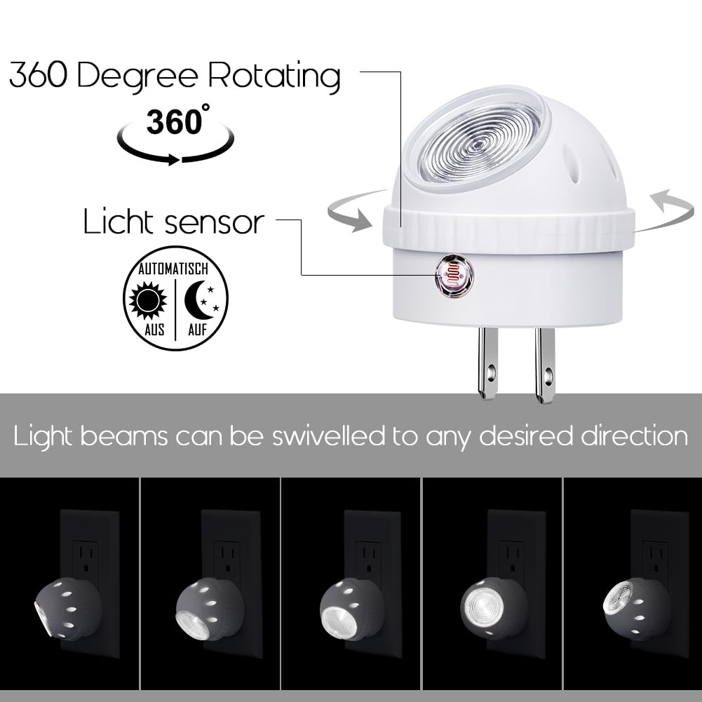 Emotionlite Plug-in Night Lights, Warm White LED Nightlight, 360° Rotation, Dusk to Dawn Sensor, Kids, Adult, Bedroom, Hallway, Bathroom,Kitchen, Stairways, Corridor, 6 Pack