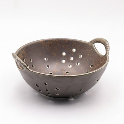Amitofo 8" Ceramic Berry Colander with Handles, Reactive Glaze Fruit Washing Bowl, Rustic Stoneware Pasta Strainer for Kitchen (Charcoal Grey)
