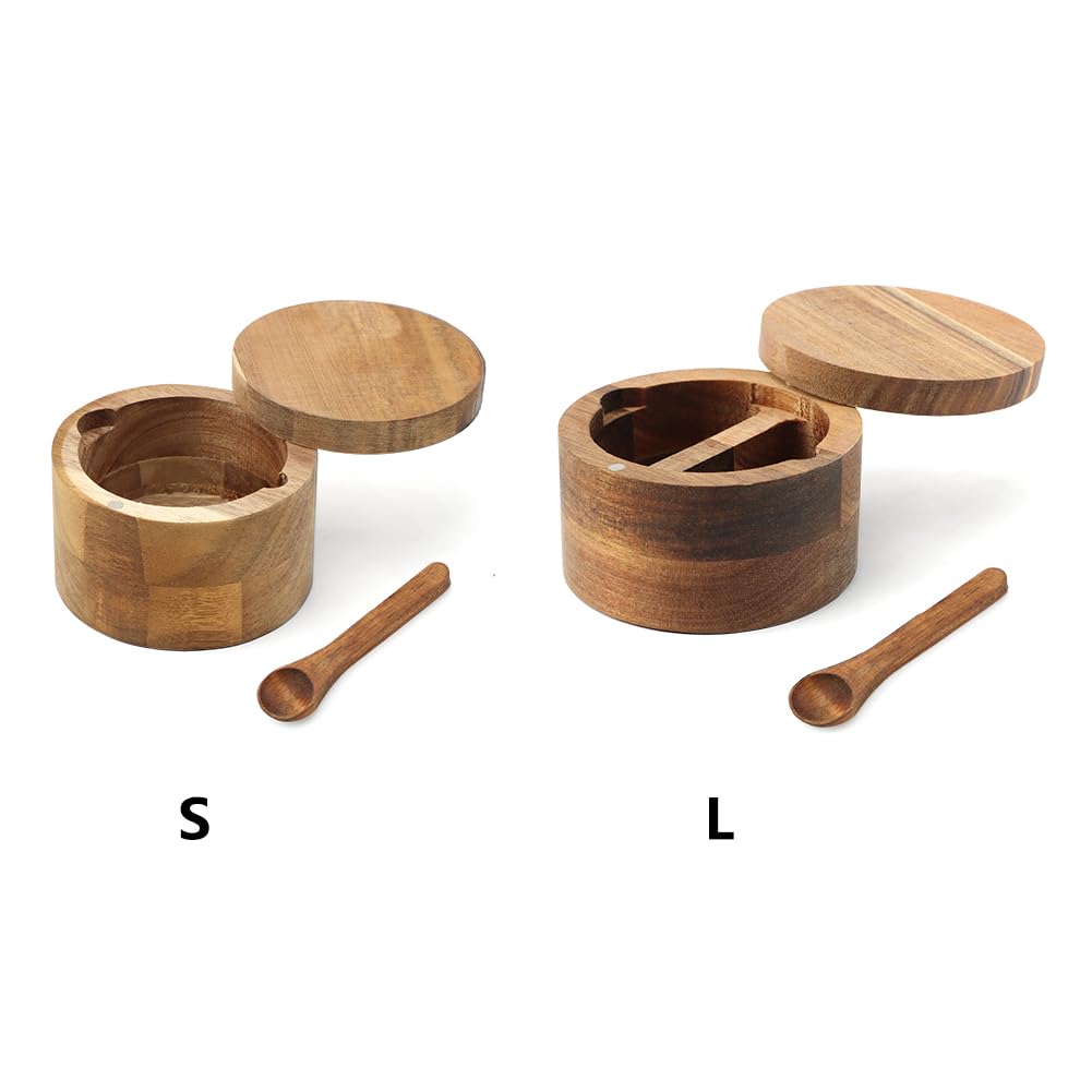 Velarionna Wood Salt and Pepper Bowl, AcaciaWood Salt Cellar with Built-in Spoon and Magnetic Swivel Lid, Container Holder to Storage Pepper Spice(SIZE:L)