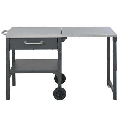 GDFStudio Outdoor Folding Kitchen Cart with Stainless Steel Top, Rolling Grill Prep Table with Drawer and Shelf, Portable Serving Cart with Wheels for Patio Backyard BBQ Cooking Station, Grey