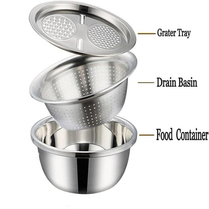 Germany Multifunctional Stainless Steel Basin,Multifunction Stainless Steel Basin with Grater 3 in 1 Vegetable Cutter for Kitchen, Vegetable Slicer Grater Strainer and Drain Basket(10.2)