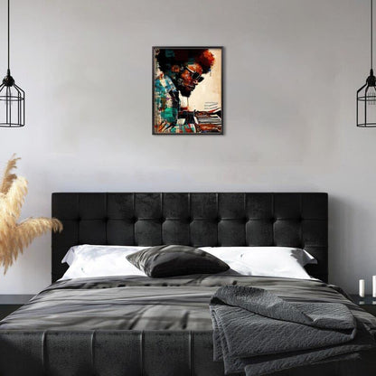 Black Aluminum Alloy Framed Piano Man Wall Art, Black Paintings for Modern Home Decoration, African American Wall Art