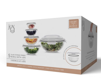 JoyJolt Kitchen Mixing Bowls. 5pc Glass Bowls with Lids Set – Neat Nesting Bowls. Large Mixing Bowl Set incl Batter Bowl, Cooking Bowls, Storage Bowls with Lids and Big Salad Bowl with BPA-Free Lids