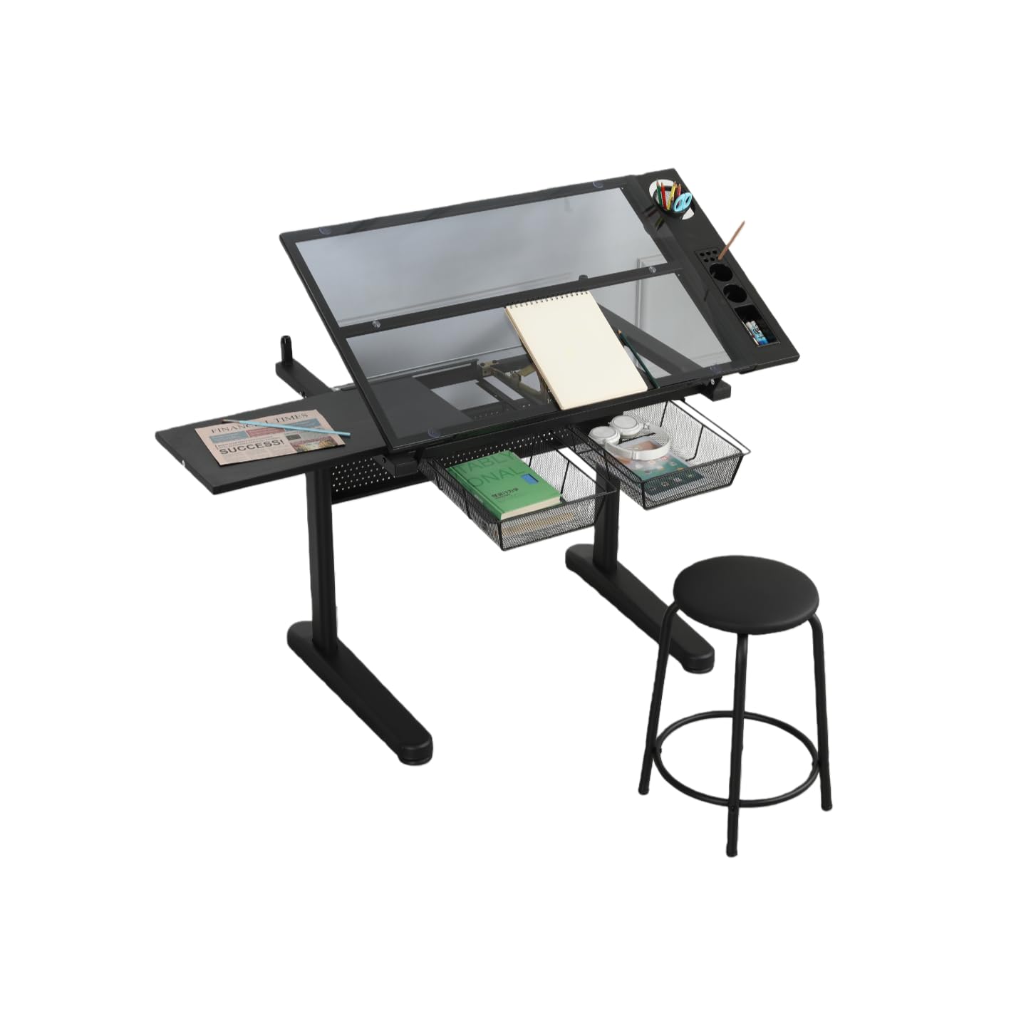 Hand Crank Adjustable Drafting Table Drawing Desk with 2 Metal Drawers (Black) with Stool