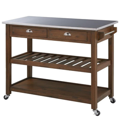 BOWERY HILL Modern Kitchen Cart, Rubberwood and Stainless Steel, Chestnut Wire-Brush Finish, 45" W x 20.5" D x 35.75" H, Adjustable Shelf, Storage Drawers, Locking Casters, Portable Prep Station
