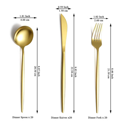 Evanda Gold Silverware Set 60 Piece Service for 20, Titanium Gold Plated Stainless Steel Flatware Set, Knives Forks Spoons Cutlery Set for Wedding, Parties, Birthday, Restauroom, Dishwasher Safe