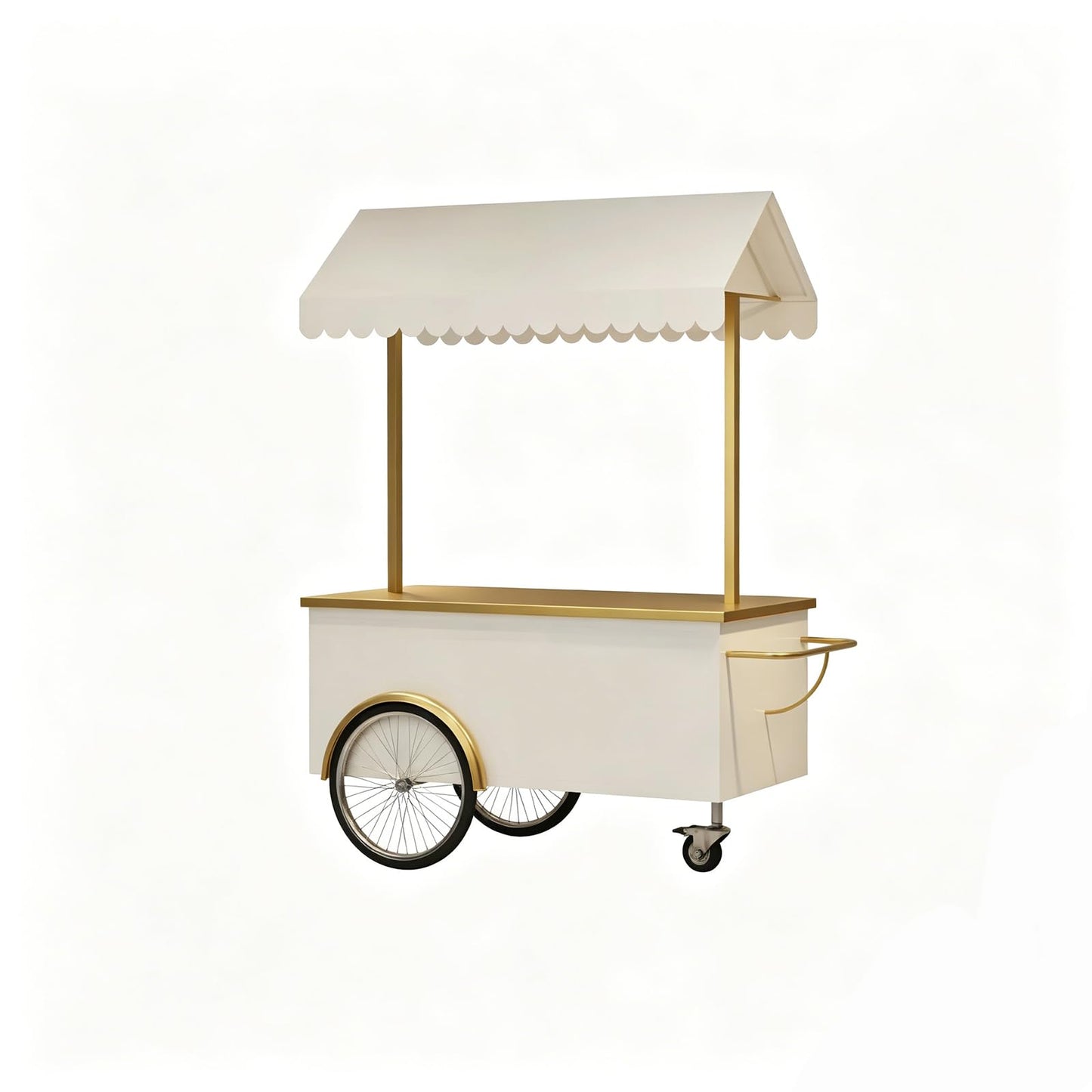 FUNEWBO Luxury White Gold Vendor Cart with Scalloped Awning,Wheeled Food Display Trolley,Elegant Serving Cart for Wedding,Party & Small Business(47.2 * 27.5 * 78.7in, White)