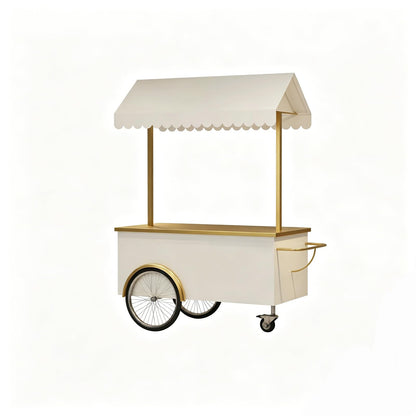 FUNEWBO Luxury White Gold Vendor Cart with Scalloped Awning,Wheeled Food Display Trolley,Elegant Serving Cart for Wedding,Party & Small Business(47.2 * 27.5 * 78.7in, White)